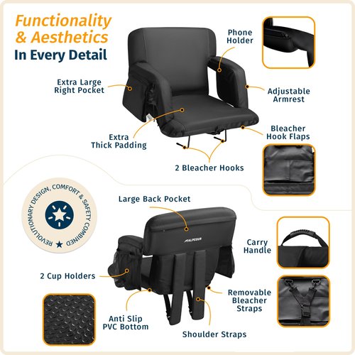 Reclining Stadium Seats for Bleachers with Back Support – Wide Bleacher Chair Cushion, Armrests, Large Pockets, and Multiple Safety Features – Best Stadium Seat Chairs for Camping, Kayak Backs & More
