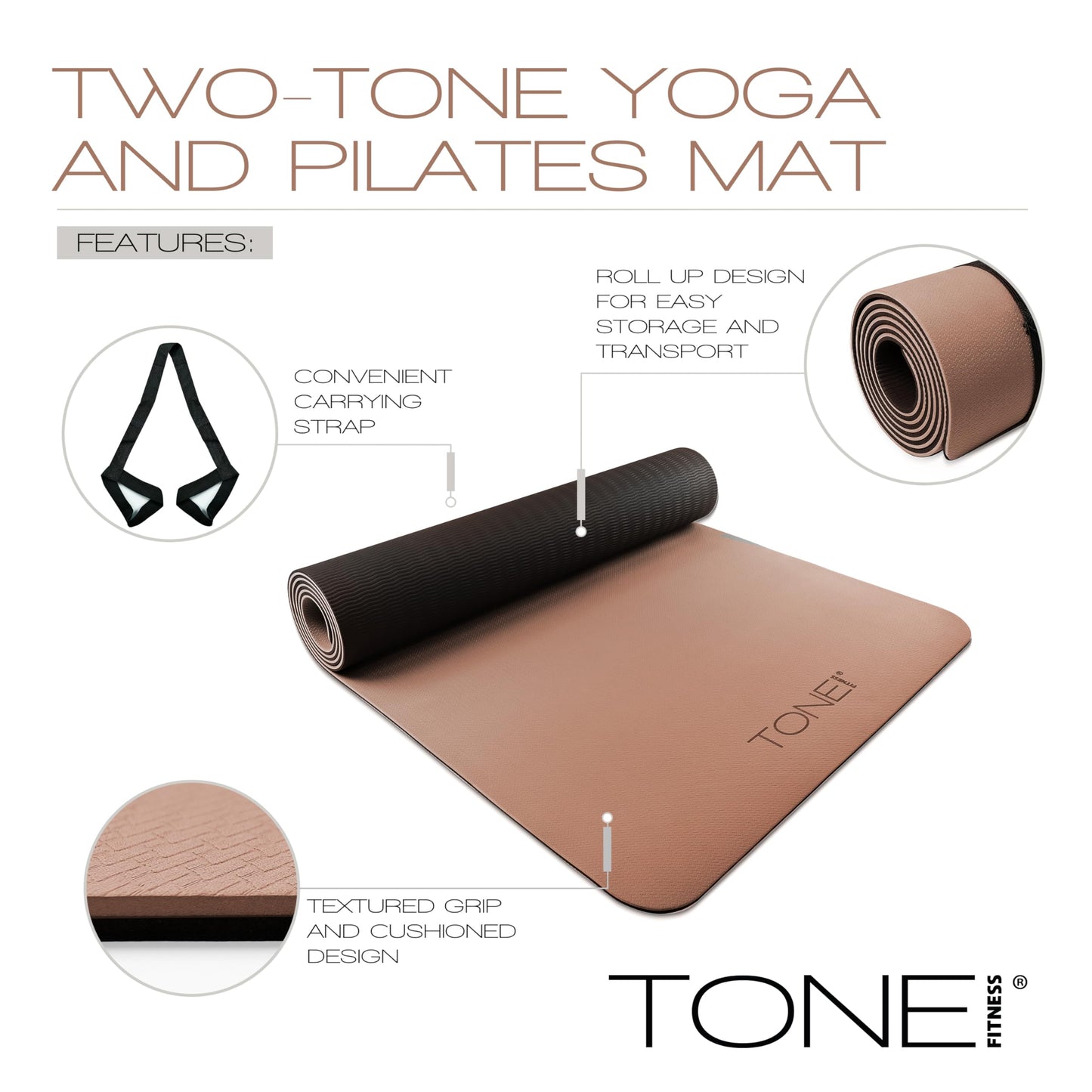 TONE Fitness Yoga Mat 1/4" Thick Non Slip Exercise & Pilates Mat for Home Workouts with Carrying Strap | V Pattern | Black/Teal