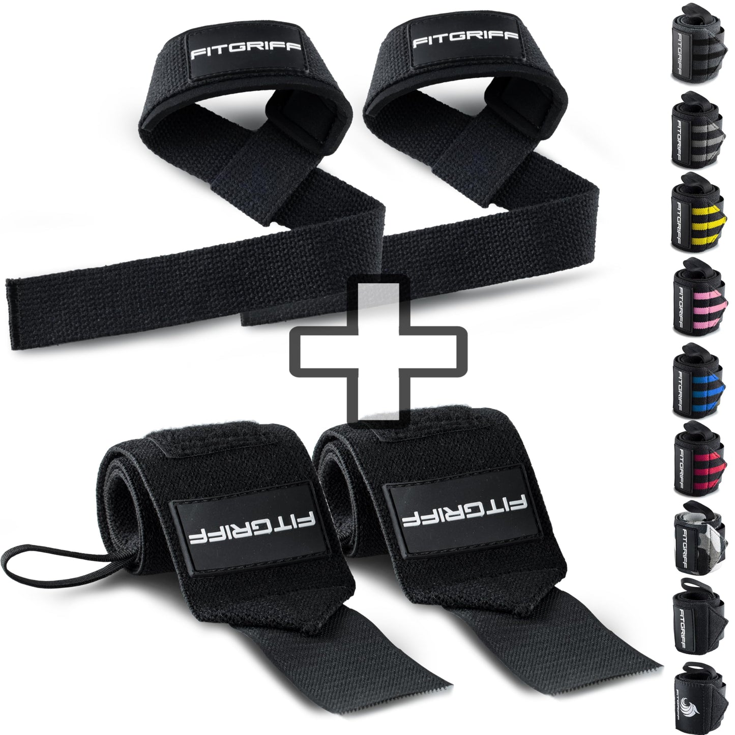 Fitgriff® Lifting Straps & Wrist Wraps (Bundle) Superior Support for Weightlifting & Gym Workouts - for Men and Women (Full Black)