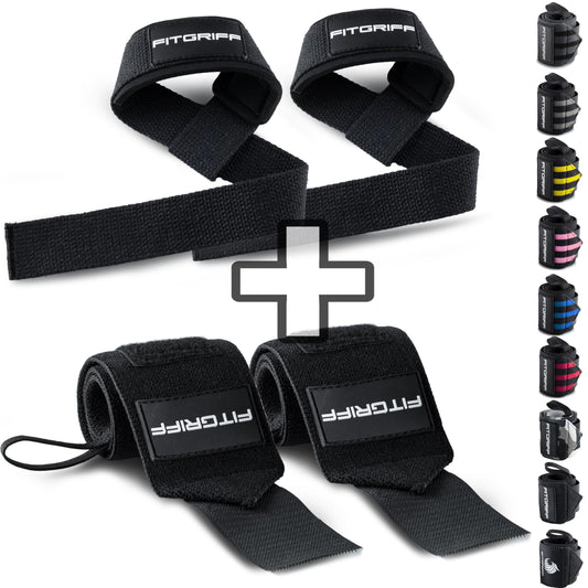 Fitgriff® Lifting Straps & Wrist Wraps (Bundle) Superior Support for Weightlifting & Gym Workouts - for Men and Women (Full Black)