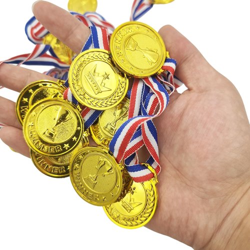 30 Pcs Gold Winner Medals Bulk for Kids, Trophy Team Prize Gifts, Children's Plastic Golden Awards Medals with Neck Ribbon for Sports, Games Competitions, Party Favors and Decorations