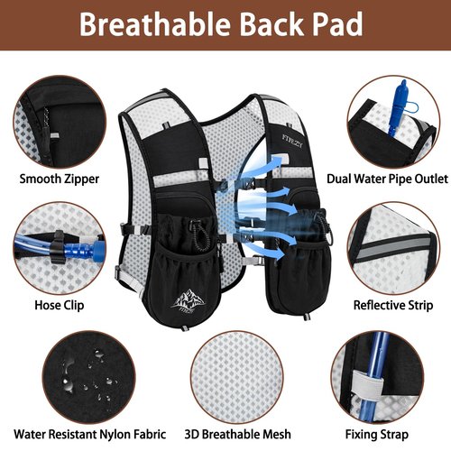 Running Hydration Vest for Women Men 2 PCS - Waterproof Running Water Backpack Hydration Pack with Water Bladder, Lightweight Water Vest for Hiking Trail Cycling Marathon Race, Black