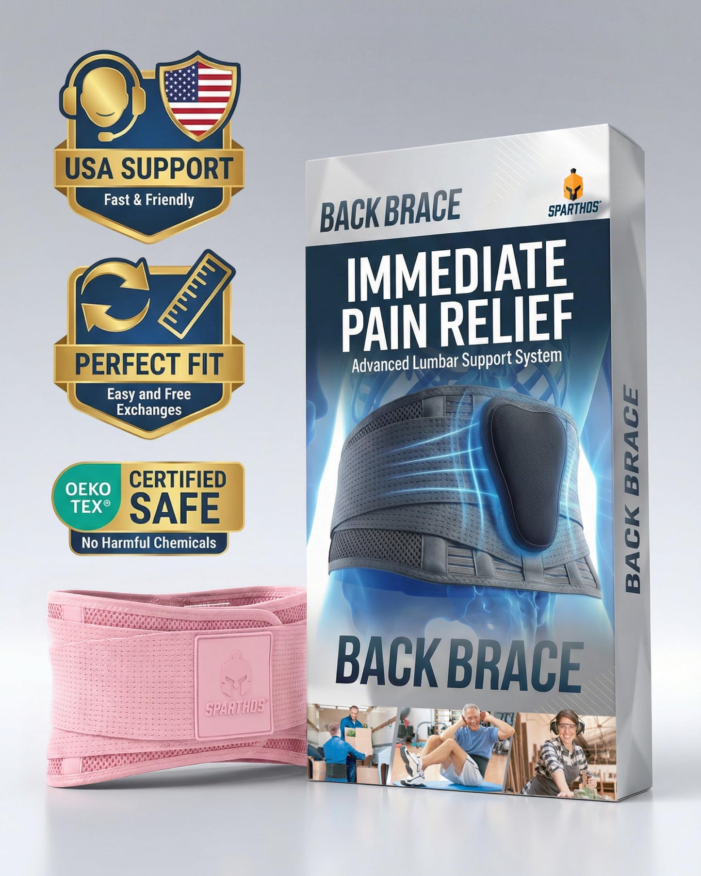 Sparthos Back Support Belt - Immediate Relief from Back Pain - Breathable With Lumbar Pad - Lower Backbrace For Home & Lifting At Work - For Men & Women - Fits 31–38″ Waist (Pink-S, Check Sizing)