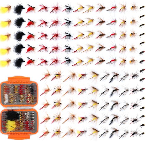 EXAURAFFLIS Fly Fishing Flies Assortment with Waterproof Fly Box 120pcs Dry Wet Nymph Streamer Flies, Lures for Trout Bass Panfish Salmon Fishing