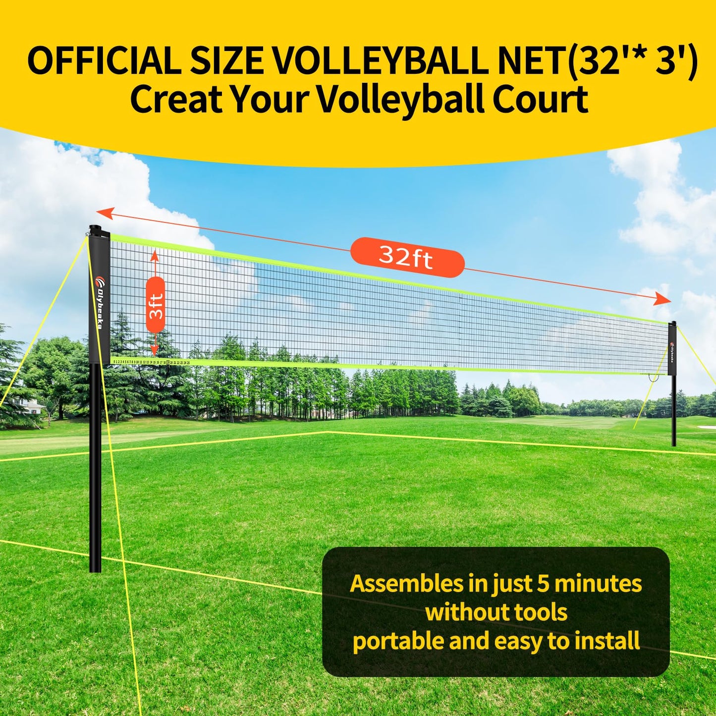 Portable Outdoor Volleyball Net Set for Backyard Beach with Adjustable Poles, Soft PU Volleyball & Pump, Carry Bag and Durable Anti-Sagging Net (Black and Green, 32ft)