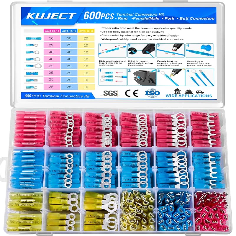600 Pcs Heat Shrink Wire Connectors Kit - Insulated Ring, Fork, Spade, Butt & Schrink Terminals for Automotive Marine