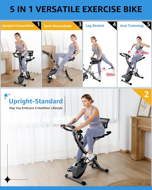 LINBOLUSA Indoor Exercise Bike for Seniors, 5 IN 1 Foldable Stationary Bike with 16-Level Magnetic Resistance and Tri-Position Ride, 330LBS Capacity, 6.6 LBS Flywheel, Upgrade Backrest for Home Workout 818 Gray