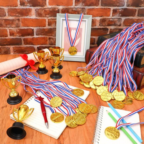 GCTWFYK 100 Pcs Plastic Gold Winner Medals for Kids, Award Medals Bulk with Ribbon for Sports Party Favors, Games Competition, Spelling Bee and Decorations