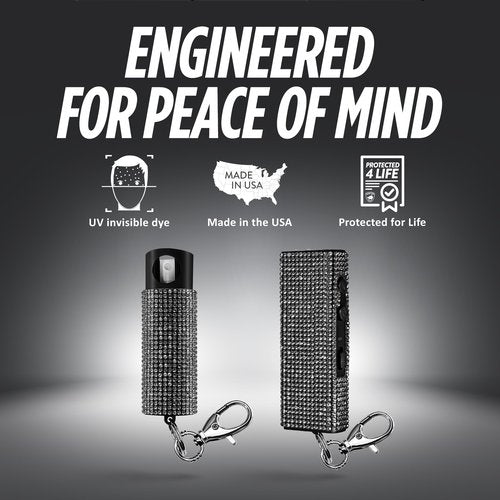 Guard Dog Security Bling It On Stun Gun and Pepper Spray for Self Defense, Fashionable Self-Defense Keychain Set for Women, Glow-in-The-Dark Actuator, 16-Ft Range, USB Rechargeable (Black)