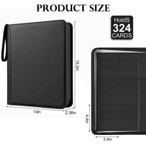 GEAoffice 9 Pockets Top Loader Binder for 324 Cards, Premium PU Leather Side Loading Trading Card Binder for Toploader, Ringless Card Collection Album Holder for 3"×4" Rigid, Black