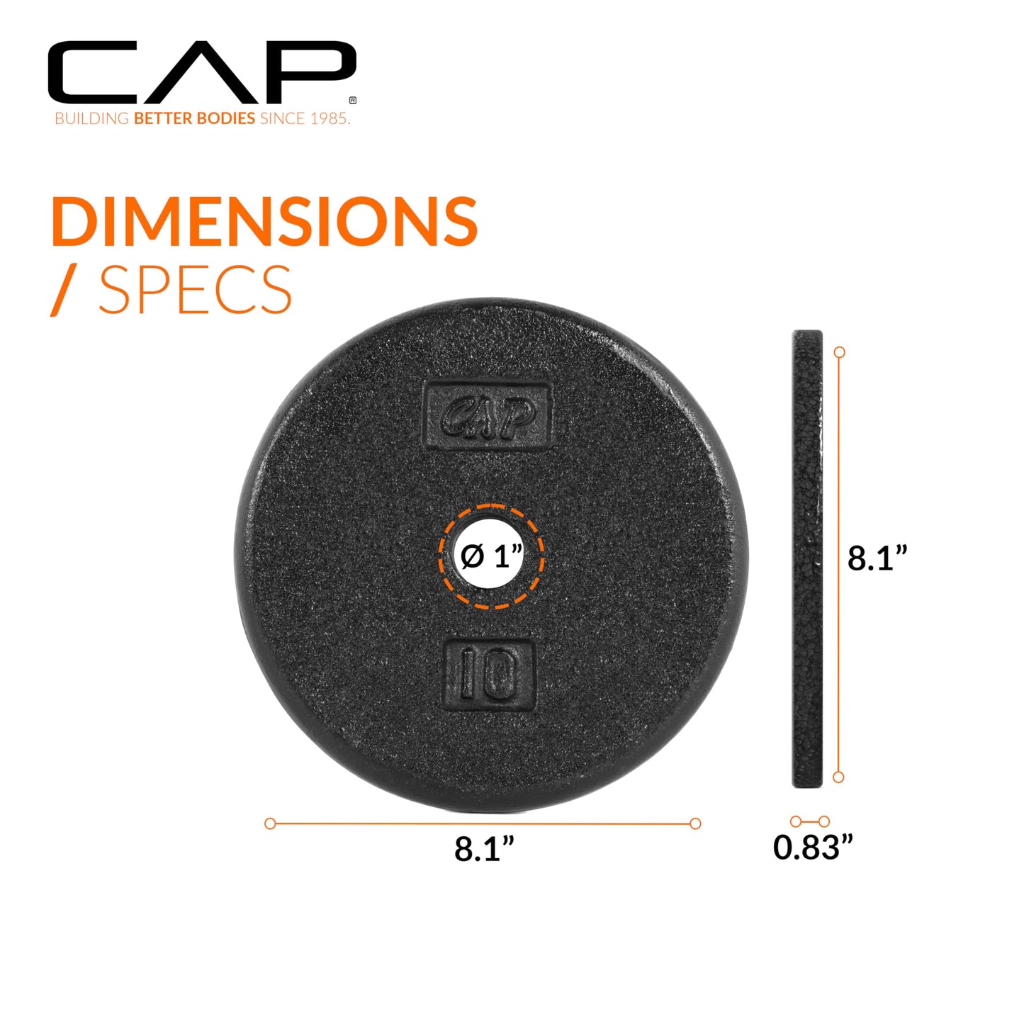 CAP Barbell Cast Iron Standard 1-Inch Weight Plate Set – Barbell Weights for Home Gym, Strength Training, and Weightlifting, 10 lb Set of 4, Black