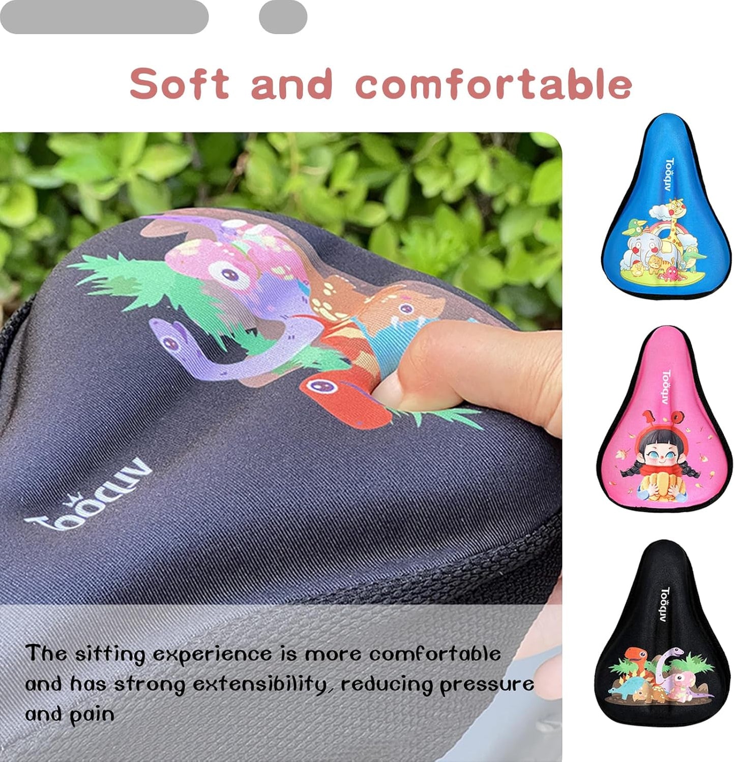 Kids Bike Seat Cushion, Kids Bike Seat Cover, with Cartoon Design, Non-Slip, Shock-Absorbing, Easy Install. Universal Fit for Boys/Girls Bicycles