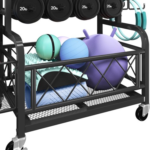 Yaheetech Weight Plate Rack Home Gym Yoga Mat Holder, Metal Dumbbell Rack Stand Fitness Equipment Storage with Hooks & Wheels for Kettlebells/Yoga Ball, Black