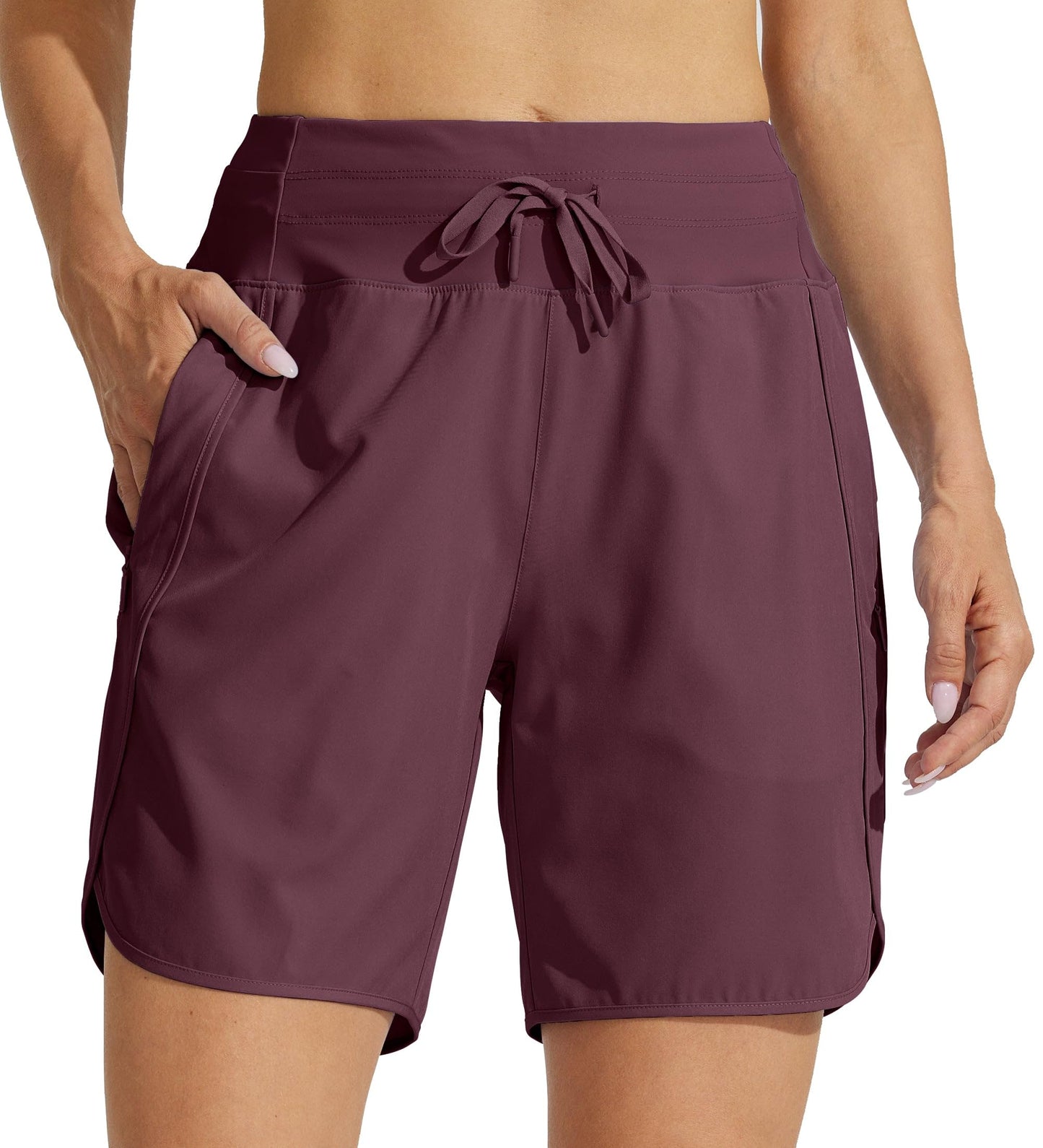 Willit Women's 7" Athletic Running Long Shorts Workout Hiking Shorts Quick Dry High Waisted Active Zipper Pocket Dark Red L