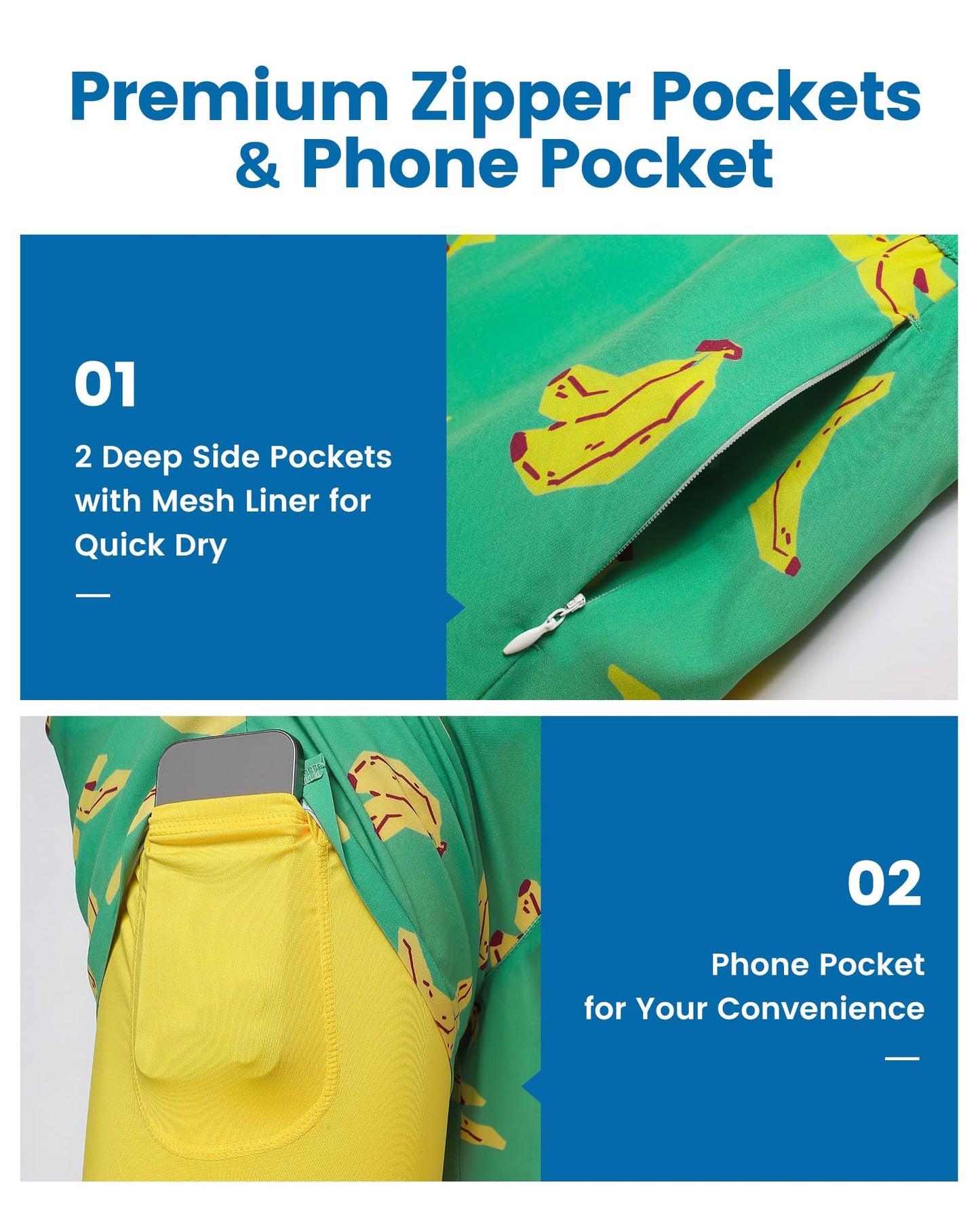 maamgic Mens Swim Trunks with Compression Liner 5 Inch, Quick Dry Bathing Suit with Zipper Pockets, Stretch No-Chafing Swim Shorts, Banana X-Large