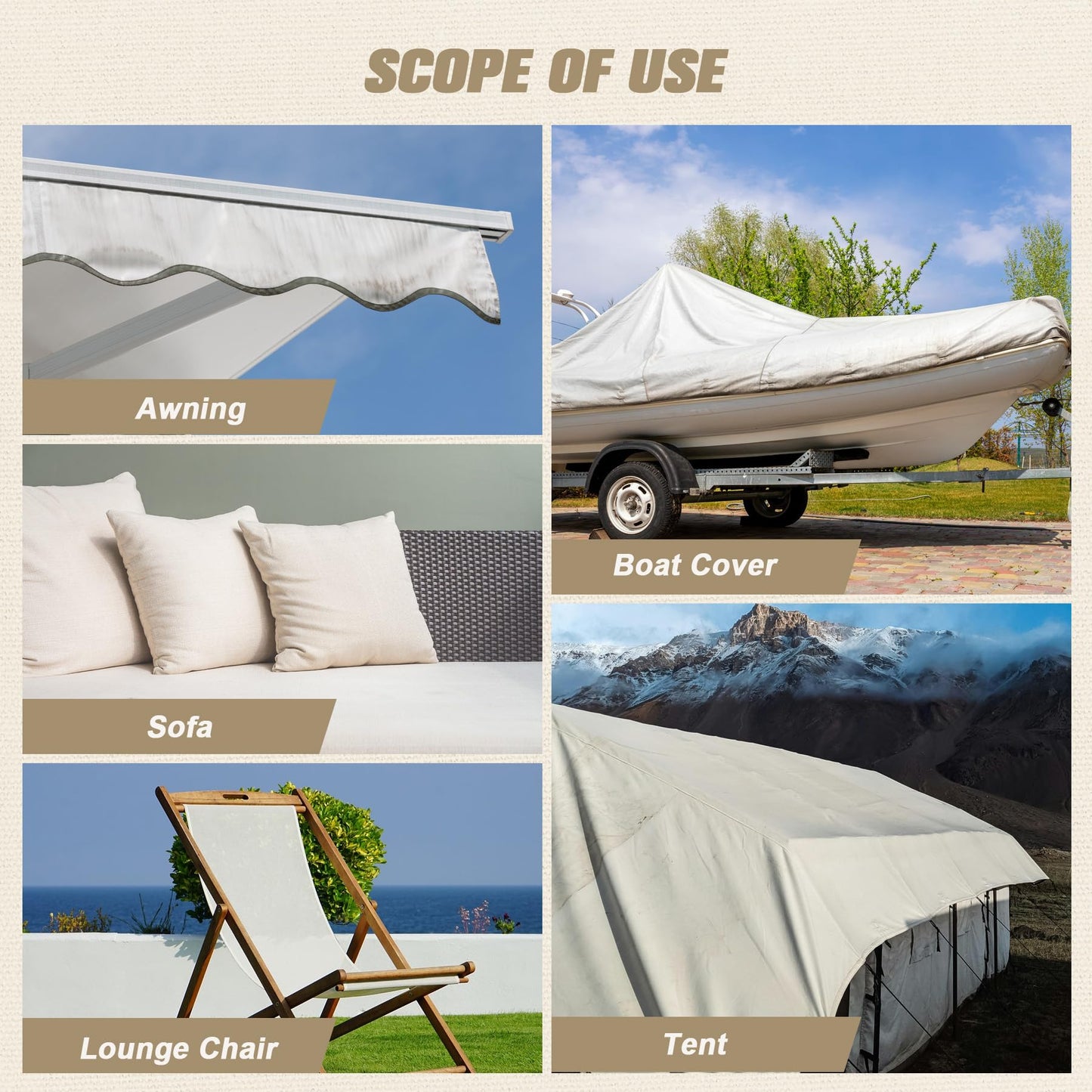 OAZ 16 x 79 inch Canvas Repair Patches Canvas Fabric Patch Self-Adhesive Fabric Repair Tape Waterproof Outdoor Gear Patch Kit for Boat Cover Awning Sofa Chair Couch Tent Bag (Ivory Gray)