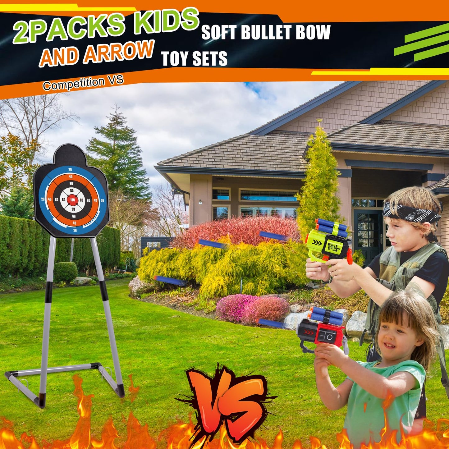 TWFRIC 2 Pack Bow and Arrow for Kids - LED Light Up Archery Set with 16 Arrows, 1 Standing Target & 2 Quivers - Fun Indoor/Outdoor Toy for Boys & Girls Aged 3-12