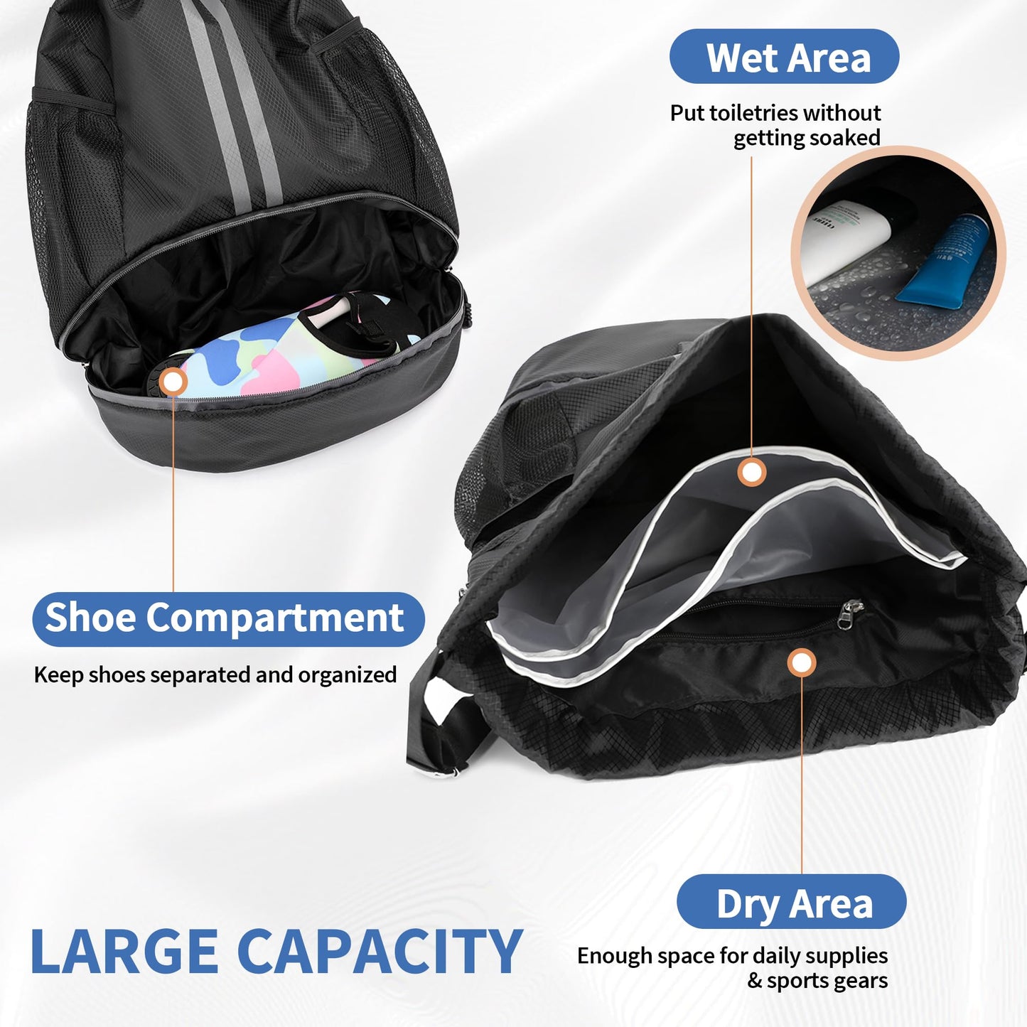 JELUTAR Drawstring Backpack Gym Bag with Shoes Compartment for Soccer, Basketball, Swim