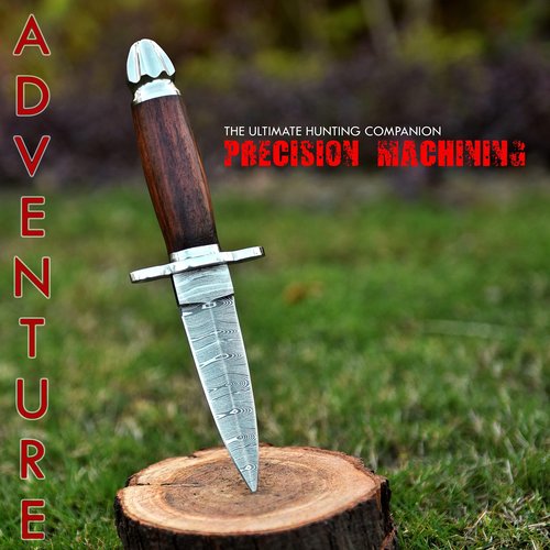 FBcrafts Handmade Damascus Dagger - Double Edge Knife, 8.5 in Edc Fixed Blade for Hunting Wood Handle Leather Sheath