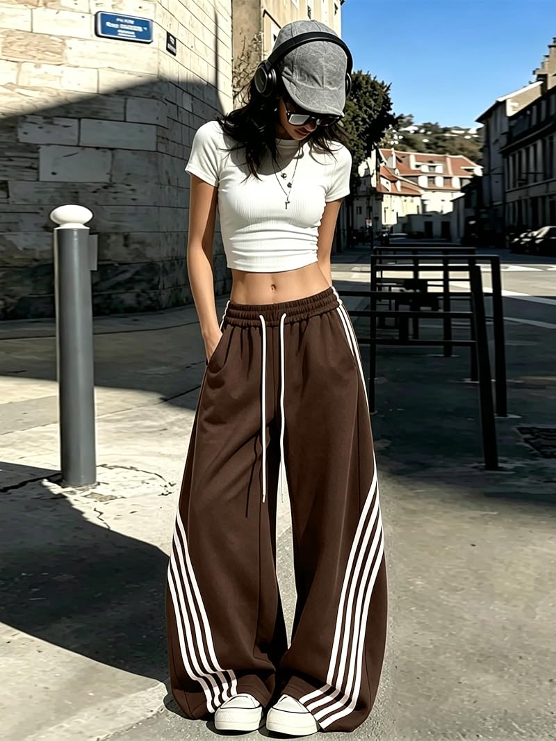 Emmiol Women’s Y2K Baggy Stripe Sweatpants - High Waist Wide Leg, Brown XX-Large