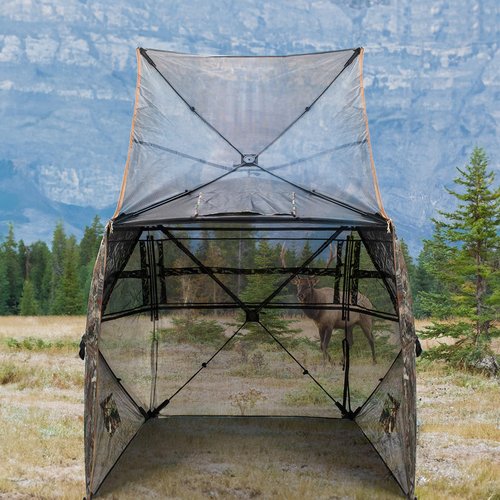 HUNTSEN Hunting Blind 360 Degree See Through Ground Blind 2-3 Person - Portable Pop Up Deer Blind with Full Open Door - Camouflage Ground Blind for Deer & Turkey Hunting