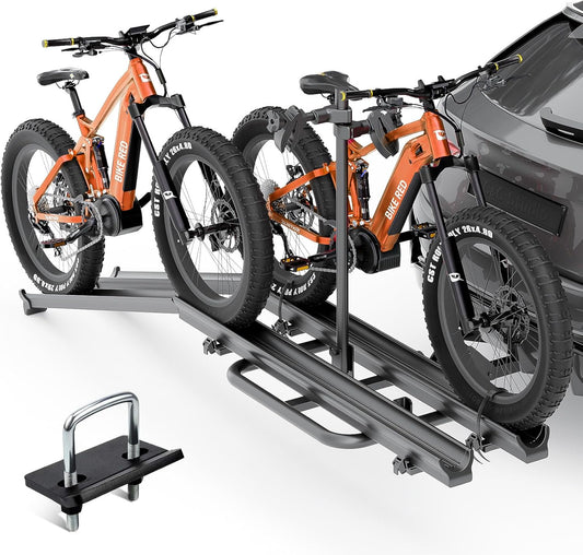 2 EBike Rack up to 5", Lockable & Foldable Bike Racks with Ramp, 200 LBS Capacity Fat Tire Carrier, Electric Bicycles Racks Platform for Standard, Fits 2" Hitch for SUVs Cars Trucks Vans