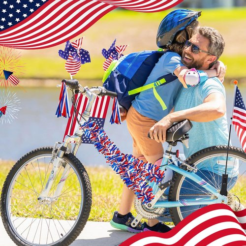 Liliful 60 Pcs 4th of July Bike Decoration Kits Parade Patriotic Decor Bike Streamers Bicycle Ribbon Tassels American Flag with Pole Blue Pinwheels Decoration for Bicycle Parade Party Favors