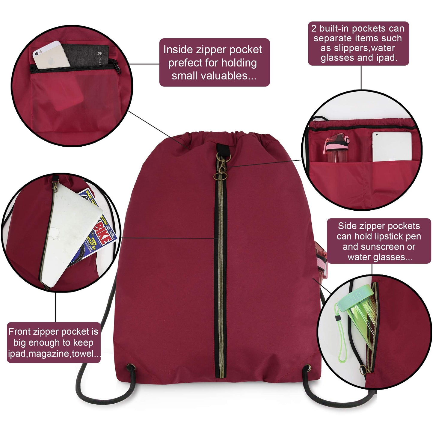 BeeGreen Maroon Drawstring Backpack with 3 Zipper Pocket and 2 Inside Pouch，19.2 "x 15" Large Sports Gym Drawstring bag Draw String Bags Pack