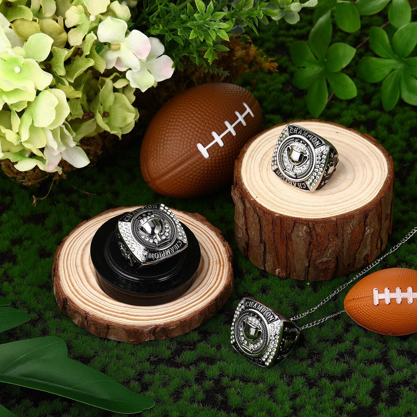 Landical 12 Packs Champion Trophy Rings Mvp Sport Award Gift with Neck Chain and Display Stand Box for Tournament or League Champion Winner(Silver)