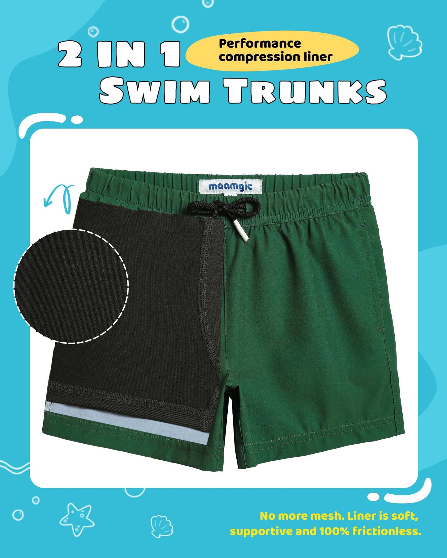maamgic Boys Swim Trunks with Compression Liner Toddler Stretch Swim Shorts Quick Dry Swimming Trunks Boxer Brief 2 in 1 Beach Shorts Dark Green 7