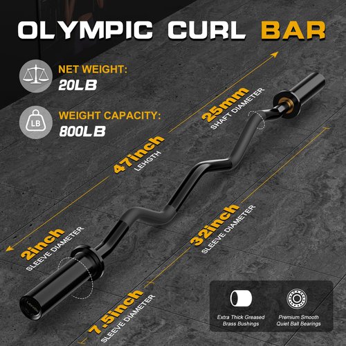 Olympic EZ Curl Barbell Bar 47", Mute Bearings - 2" Curl Bar for Weight Lifting, Hip Thrusts,Biceps,Squat-Home Gym Weight Bar-Chrome Curling Strength Training, 2Pcs Collars(800lbs Weight Capacity) (Black)