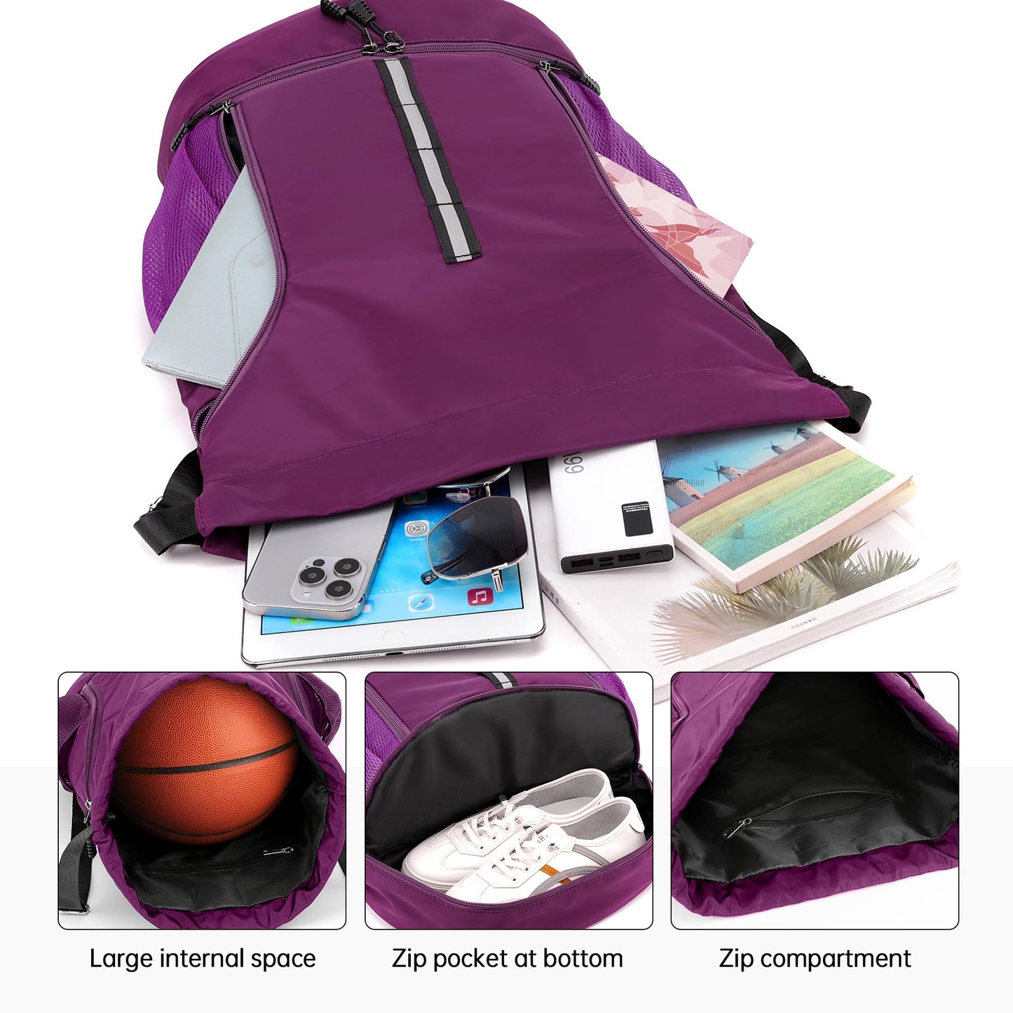 XMYAOWEI Sport Gym Bag Drawstring Backpack Beach Bag for Men Women with Shoe Compartment and Reflective Strips (Purple)