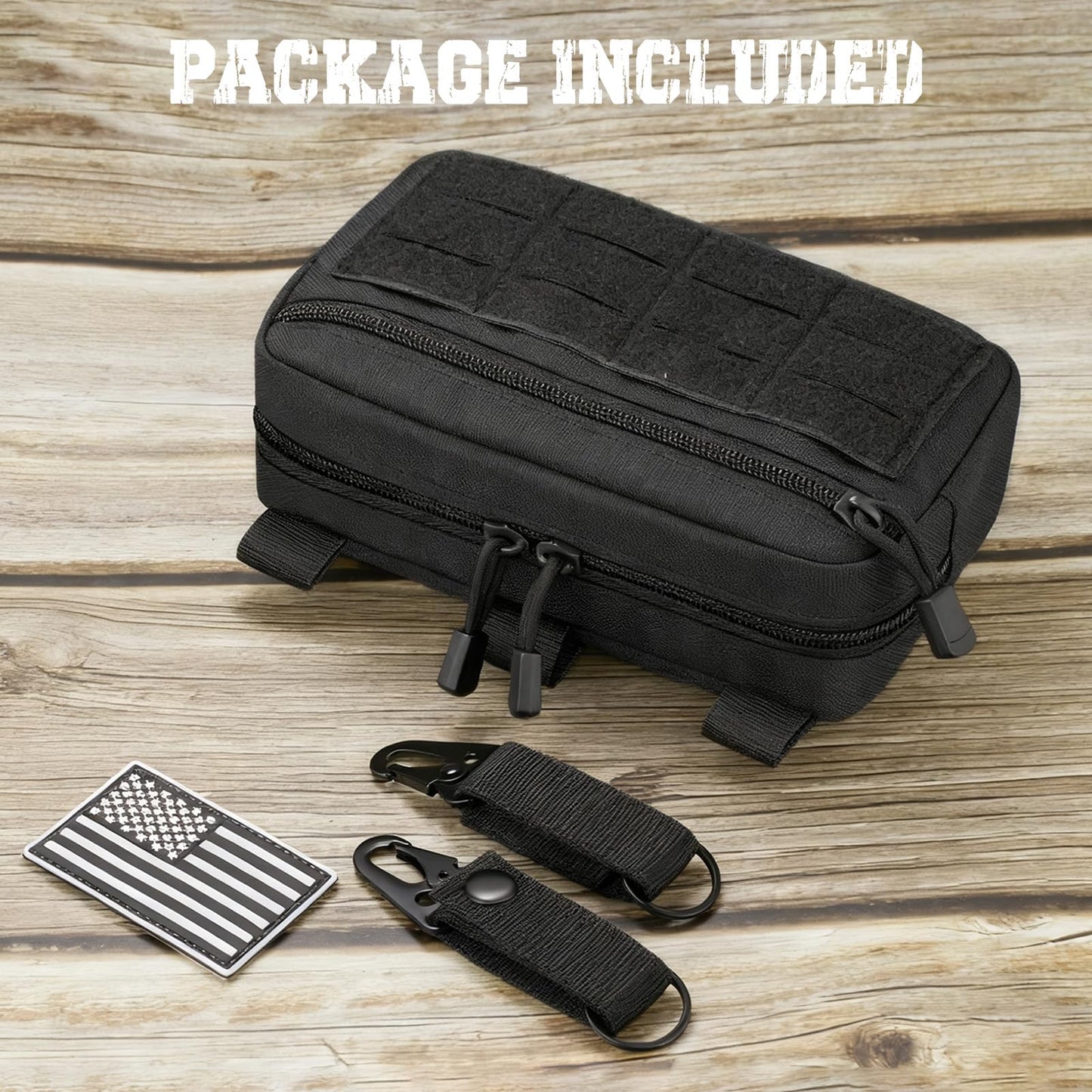 Tactical Molle Admin Pouch with 2 Keychains & US Flag Patch - Laser Cut EDC Modular Pouch for Outdoor, Survival, Daily Carry (Black)