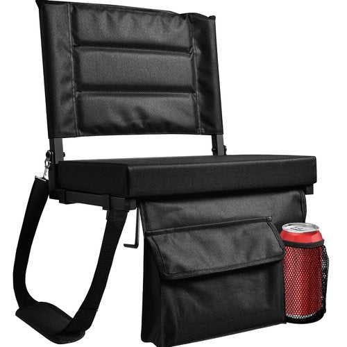 Stadium Seats with Back Support - Portable Foldable Stadium Seats, Adjustable Shoulder Straps, Cup Holder and Large Pocket Storage Stadium Upholstered Chair for Bleachers, Sporting Events, Black