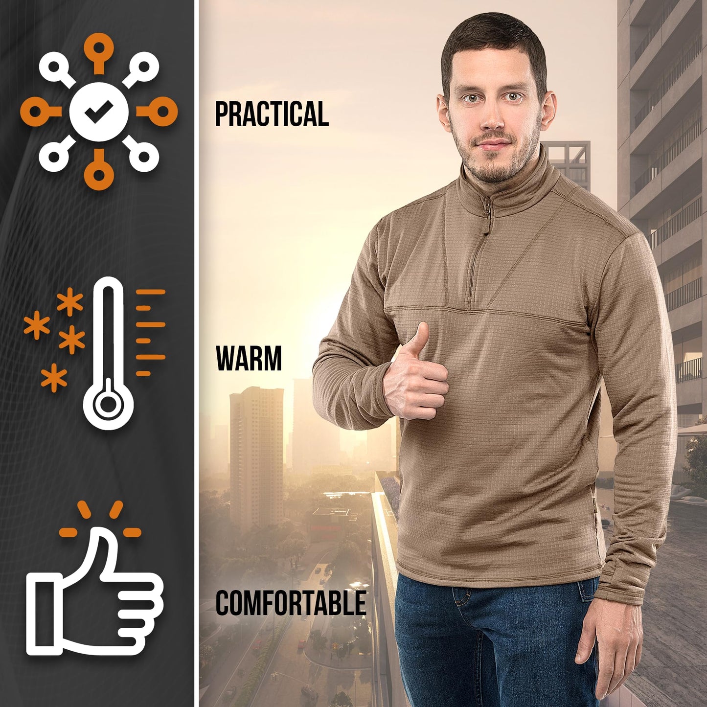 M-Tac Thermal Shirt for Men – Grid Fleece Lined Base Layer Compression Top for Cold Weather ECWCS Delta Level 2 Coyote Brown