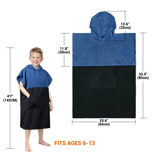 Zingtto Hooded Beach Towels for Kids Surf Poncho Swim Robe for 6-13 Years, Big Kids Hooded Bath Towels Thick Changing Robe Girls Boys, Black Blue