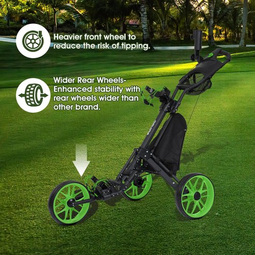 DRUIDS 3 Wheel Golf Club Caddy Cart : Easy Fold Pushing Golf cart, Adjustable Walker Trolley Golf Cart, Pull Type Golf Caddie with Cup, Umbrella Holder, Cooler, Green