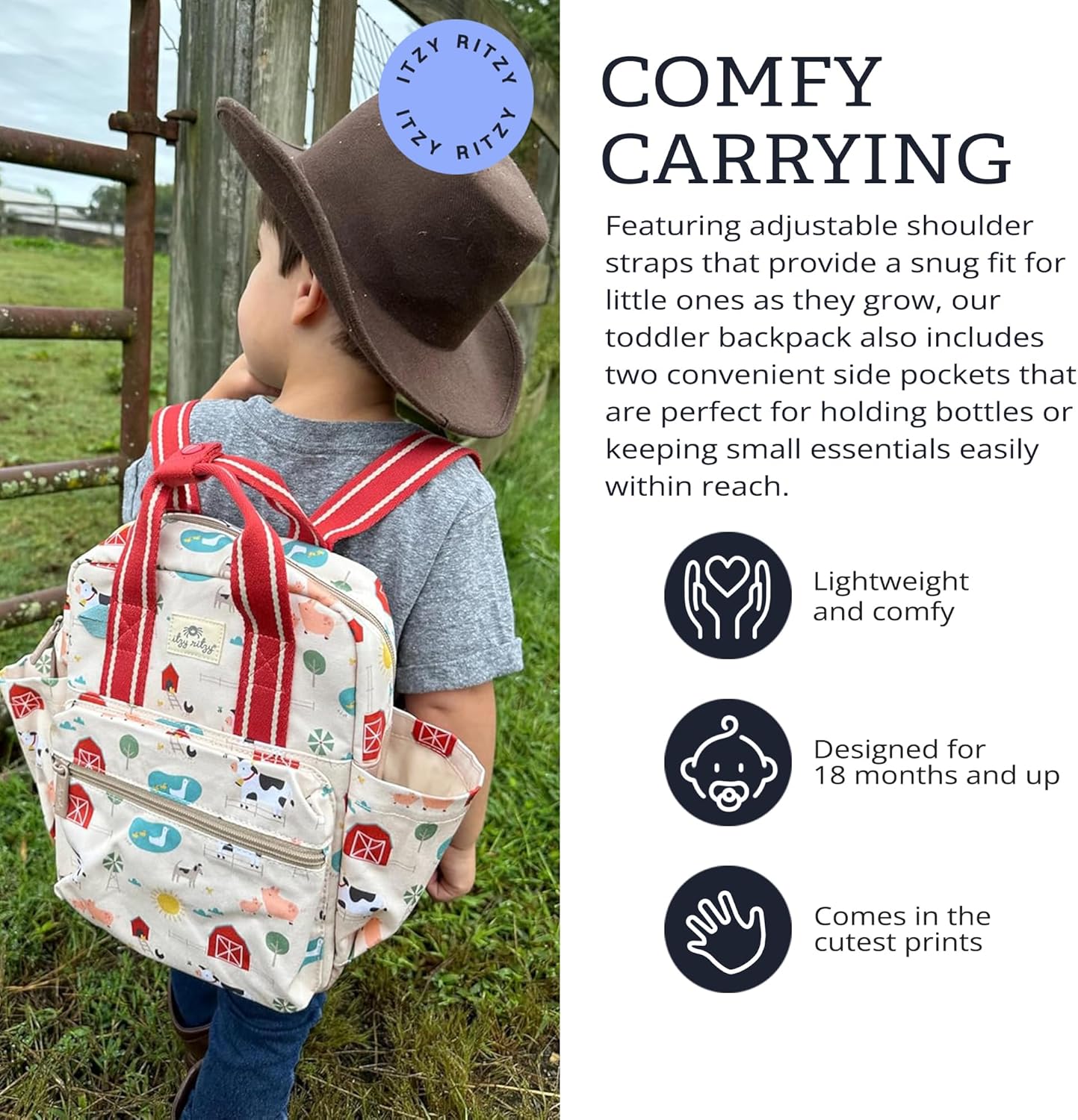 Itzy Ritzy Toddler Backpack - Daycare Bag - Features Adjustable Shoulder Straps, 2 Side Pockets & Spacious Interior with Wipeable Fabric Lining & Name Label, Strawberry Backpack