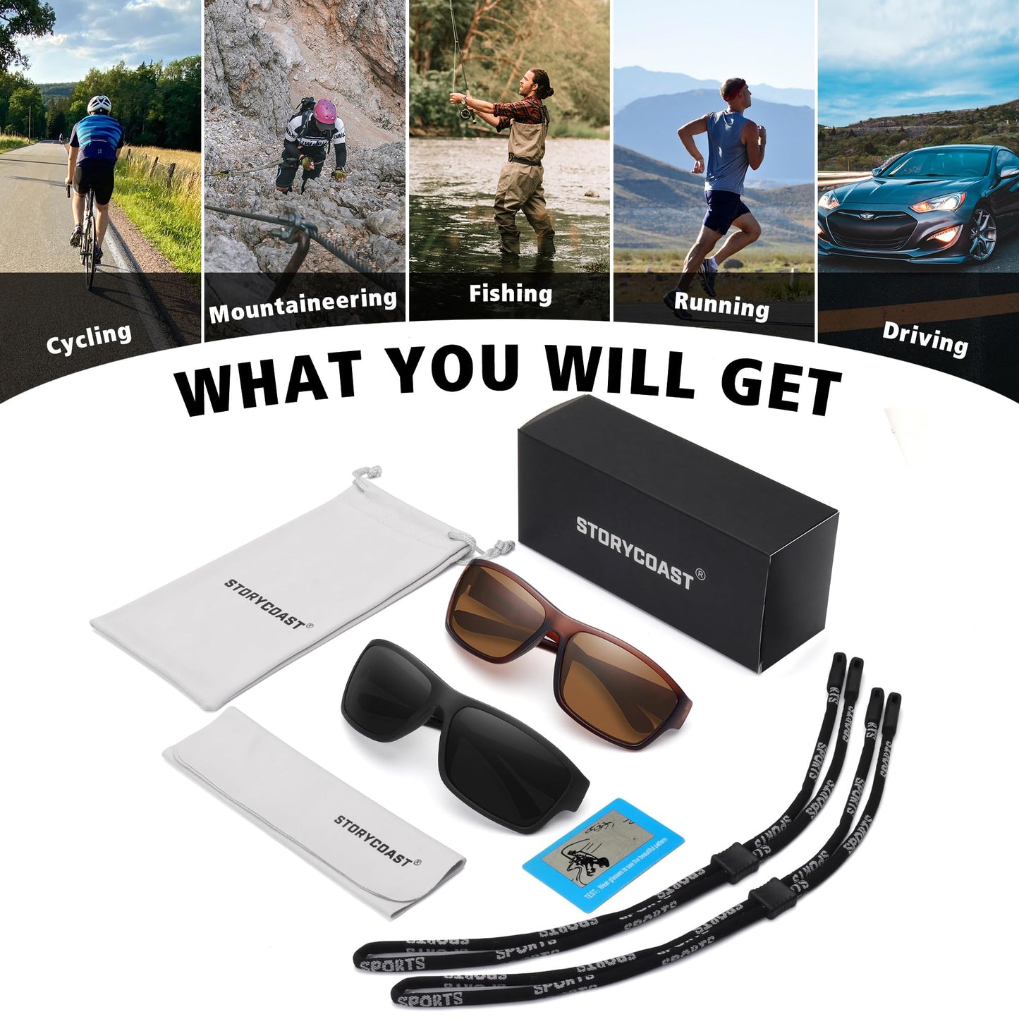 STORYCOAST Polarized Sports Sunglasses for Men Women Unbreakable Frame Cycling Fishing Driving 2Pack Black+Brown