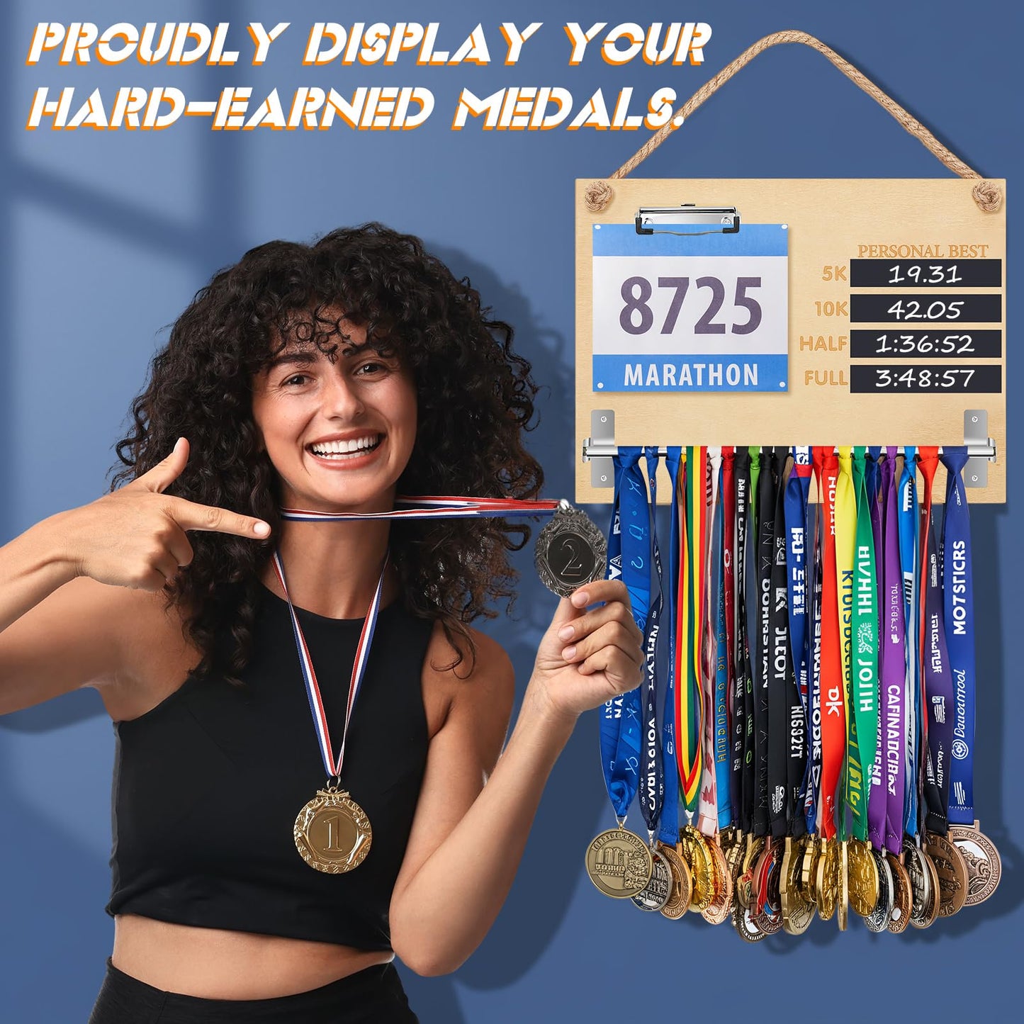 Threehoney Wooden Medal Hanger Display Running Medal Holder Wall Hanger Race Bib Boards Holder with Records Blackboard Chalk Holds 20 Medals Gift for Marathon Runners