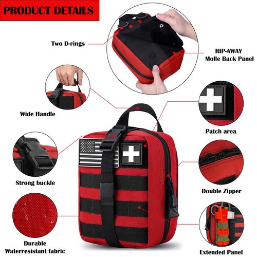 Tactical MOLLE Rip-Away EMT Medical First Aid IFAK Lifesaving Pouch,Outdoor Medical Package,Mountaineering/Climbing Rescue Tools Package Made of 600D Waterproof Fabric (Red)