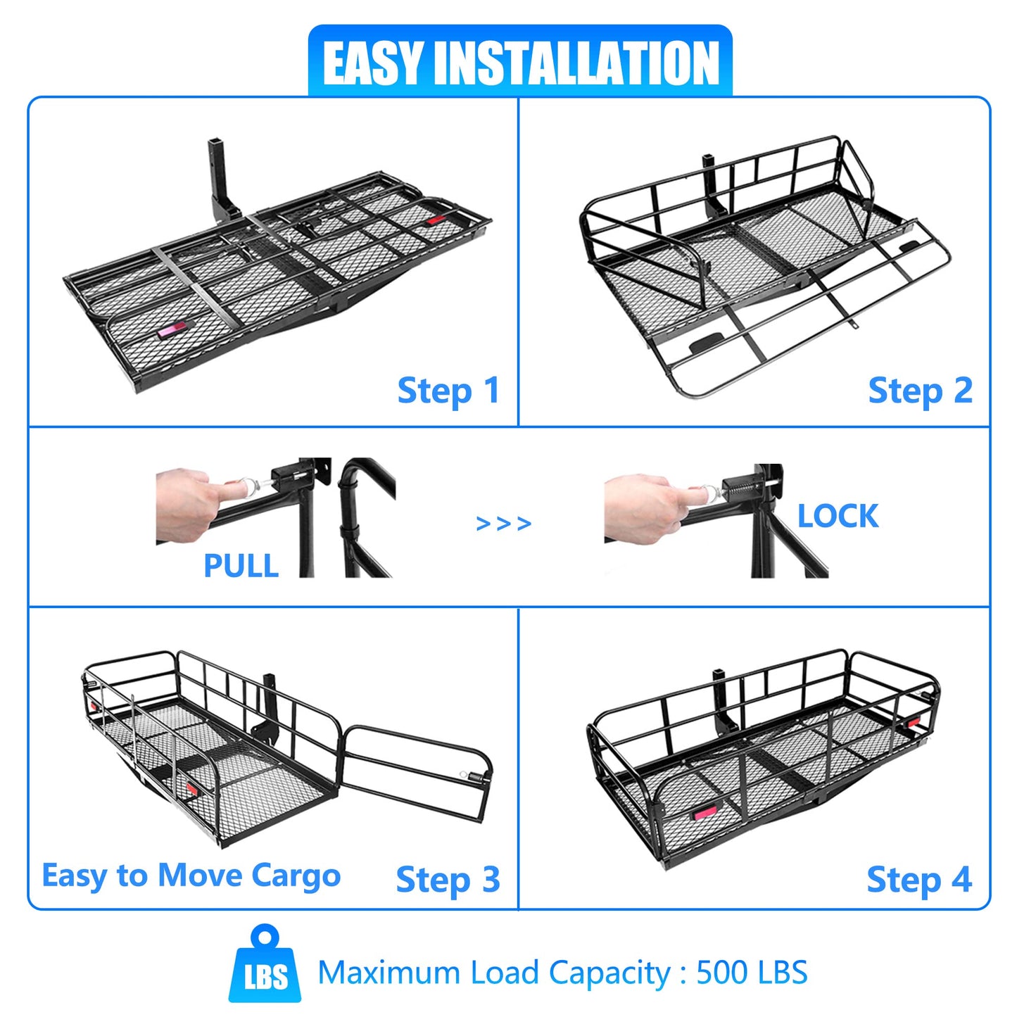 KAIRAY 500 Lbs Heavy Duty Hitch Mount Cargo Carrier 60"x24"x14.4" Folding Cargo Rack Rear Luggage Basket Fits 2" Receiver for Car SUV Camping Traveling with Hitch Stablizer Cargo Net Ratchet Straps