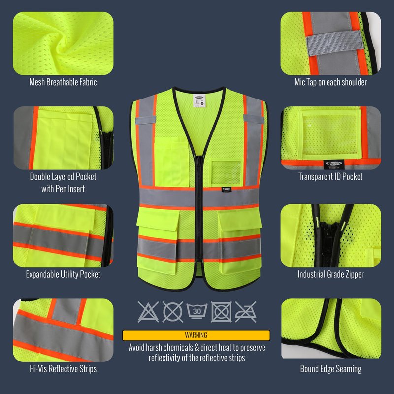 JKSafety Safety Vest for Men Women Hi Vis Vest with Pockets and Zipper Front Class 2 High Visibility Meet ANSI Standard Yellow Color Extended Orange Strips (BX320-Yellow L)