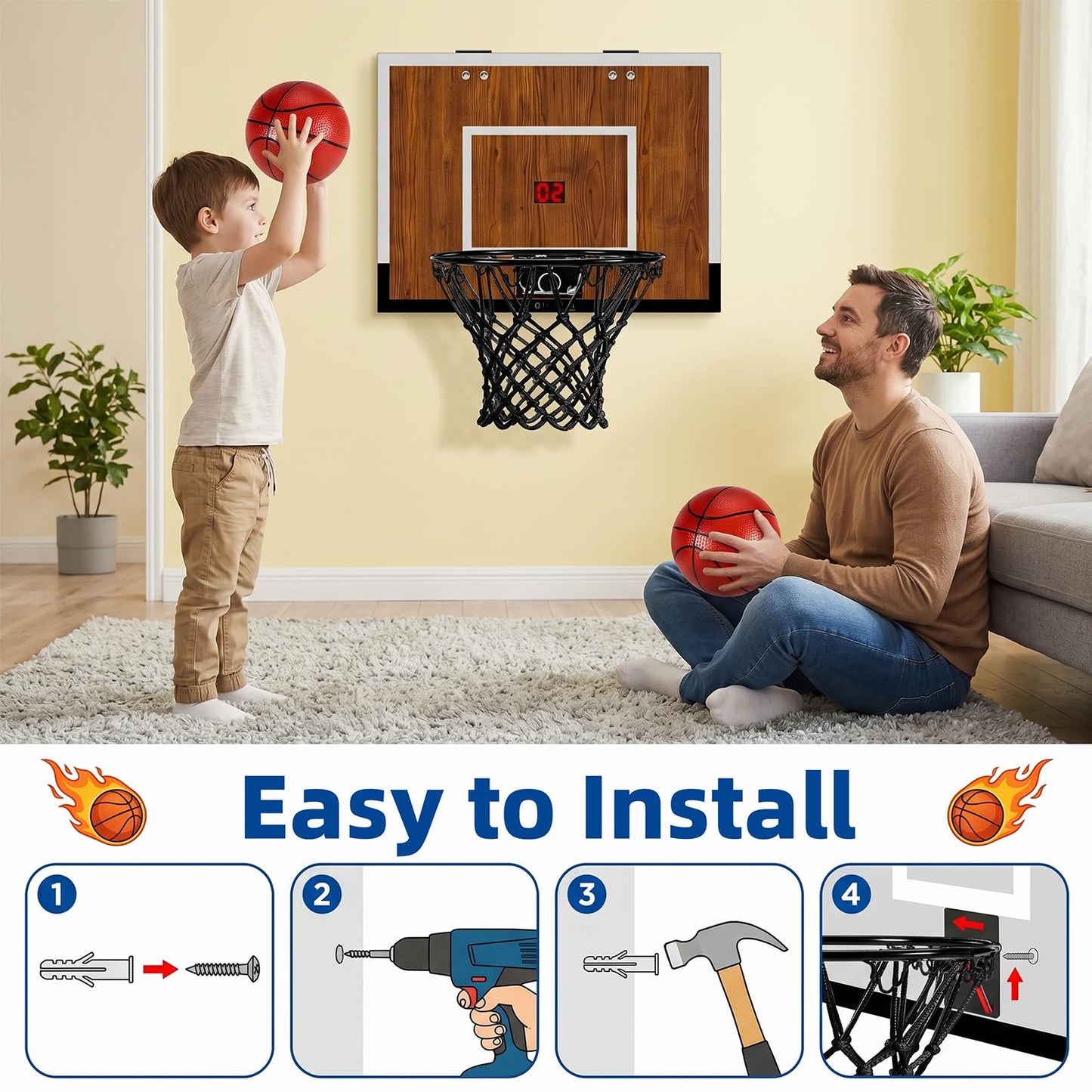 Laapee Indoor Mini Basketball Hoop Set, Over The Door/Wall Mounted with 16"x12"x3" Solid Wood Backboard, Digital Scoreboard, Anti-Shock Door Protection, Includes 3 Mini Basketballs & Air Pump