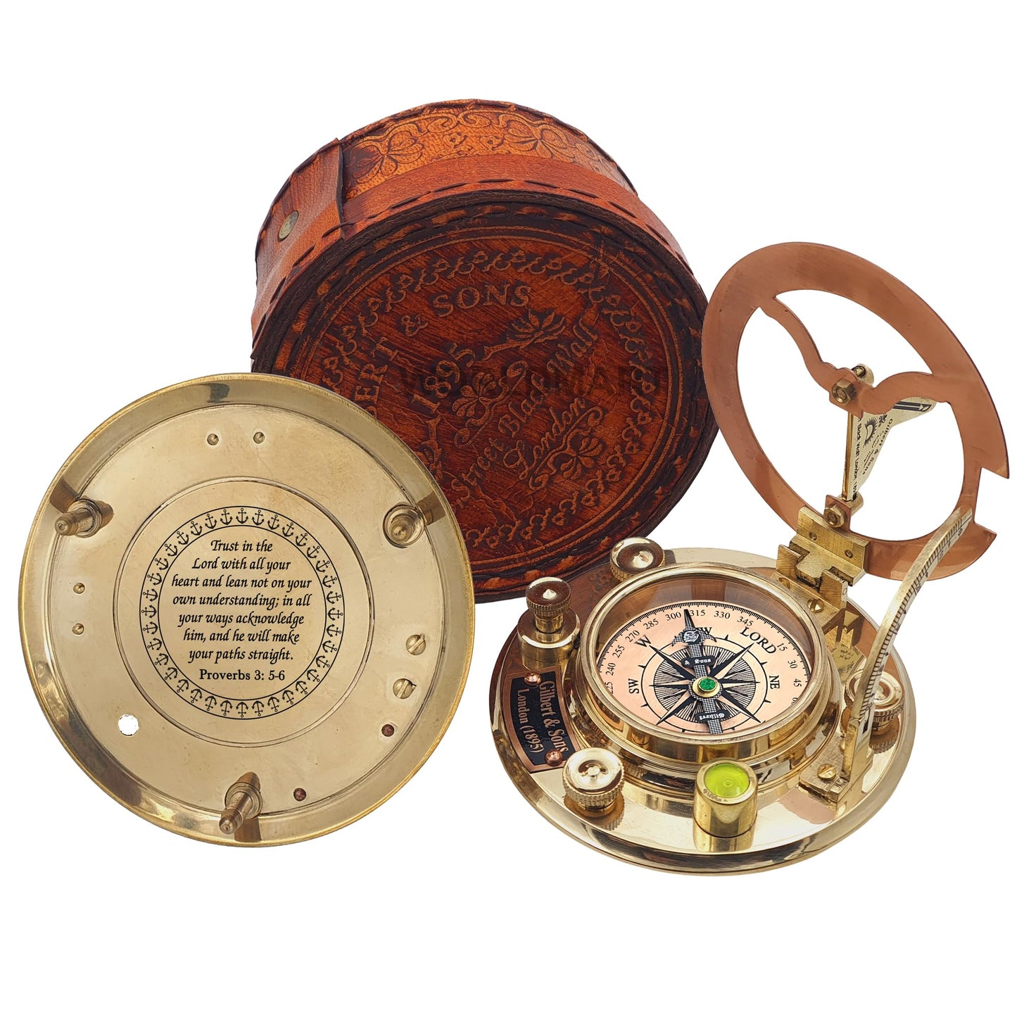 Trust in The Lord with All Your Heart -Proverbs 3: 5-6 Quote Engraved Compass with Leather Box, Sundal Compass, Gift Compass, Graduation Gifts Compass for Women Mens Boy Girls