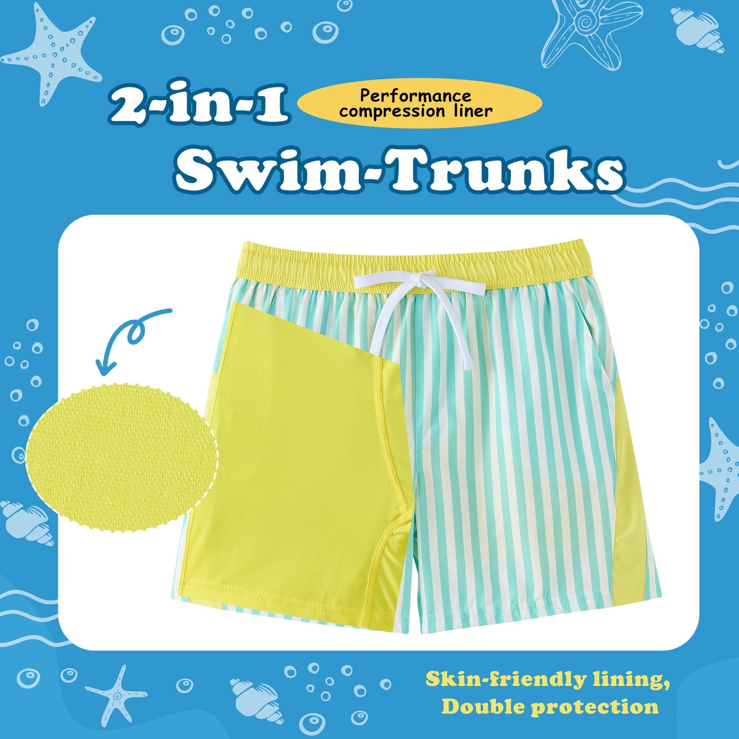 UMELOK Boys Swim Trunks with Compression Liner Kids Stretch Quick Dry Swimming Shorts Toddler Bathing Suit with UPF 50+ Green and White Stripes,10-12Y