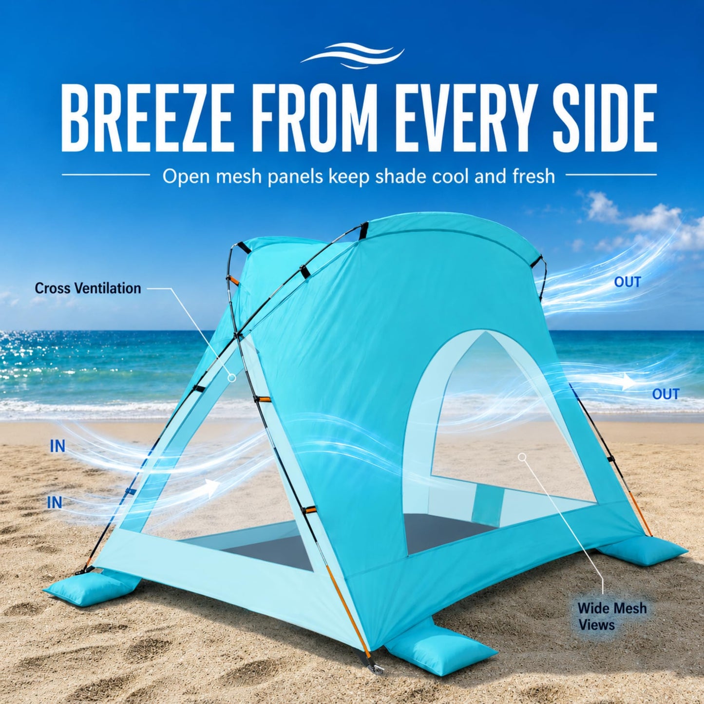 Beach Tent, Portable Sun Shelter for 2/3/4/6-8 Person with UPF 50+ UV Protection, Easy Setup Waterproof Beach Shade Canopy Cabana for Family Outdoor and Picnics, Fishing with Carrying Bag