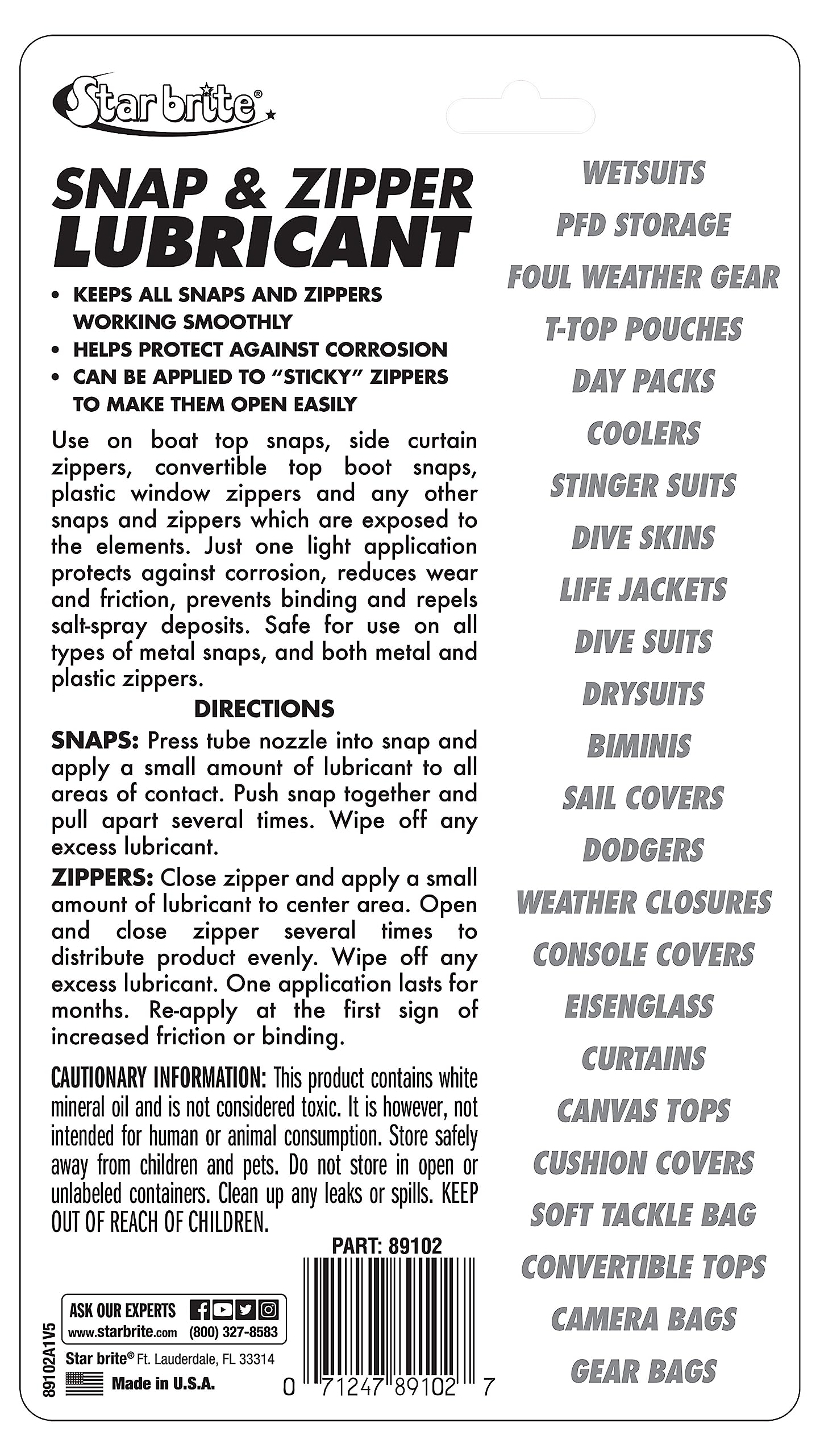 STAR BRITE Snap & Zipper Lubricant - Clear, Non-staining for Clothes, Jeep Tops, Wetsuits, Dive Suits, Gear Bags, Coolers, Biminis, Cushion Covers & More 1.75 OZ (089102)