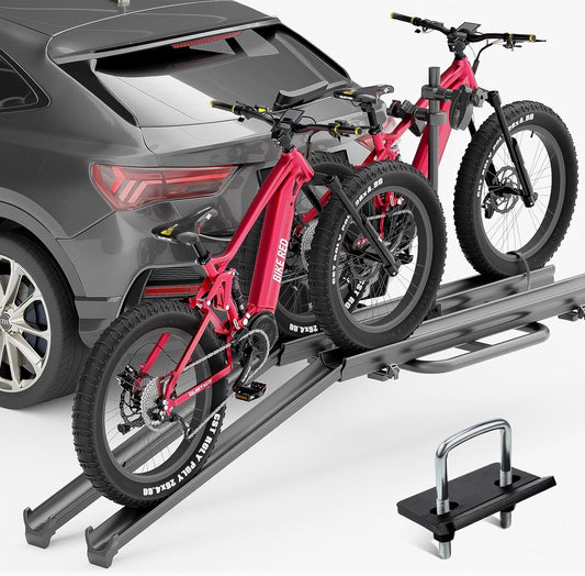 2 EBike Rack up to 5", Foldable & Lockable Bike Racks with Ramp, 200 LBS Capacity Fat Tire Carrier, Electric Bicycles Racks Platform for Standard, Fits 2" Hitch for SUVs Cars Trucks Vans