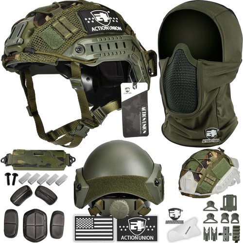 ACTIONUNION Airsoft Helmet and Mask Pro Set Tactical Paintball Helmet and Balaclava Mesh Mask MH Type with Helmet Counterweight (OD, Medium)
